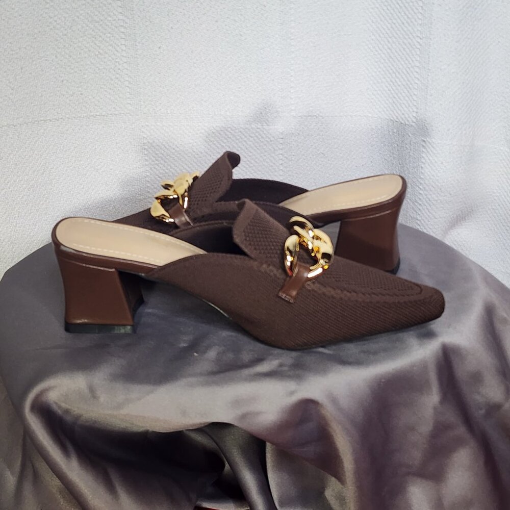 Newbella Chocolate Brown Pointed Toe Square Heel Gold Tone Chain Dress Mule 7.5 - Picture 8 of 16